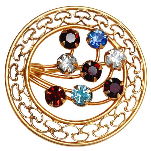 VTG Signed Carla 12K GF Multicolor Rhinestone Circle Brooch 1960s Spray Pin - Picture 1 of 8